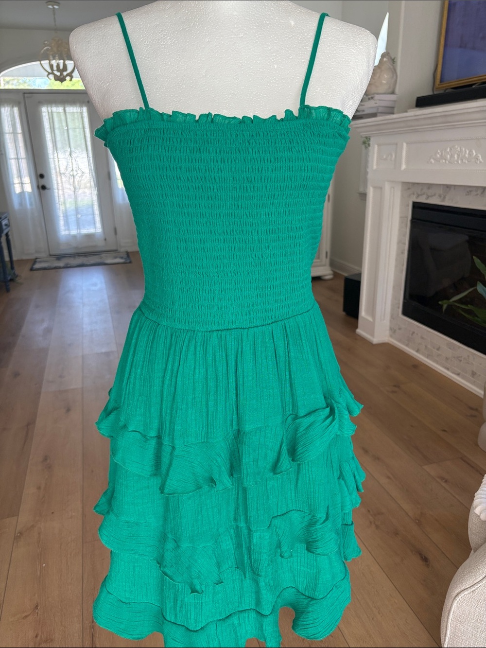 Tiered Ruffle Spaghetti Strap Dress in Emerald Green